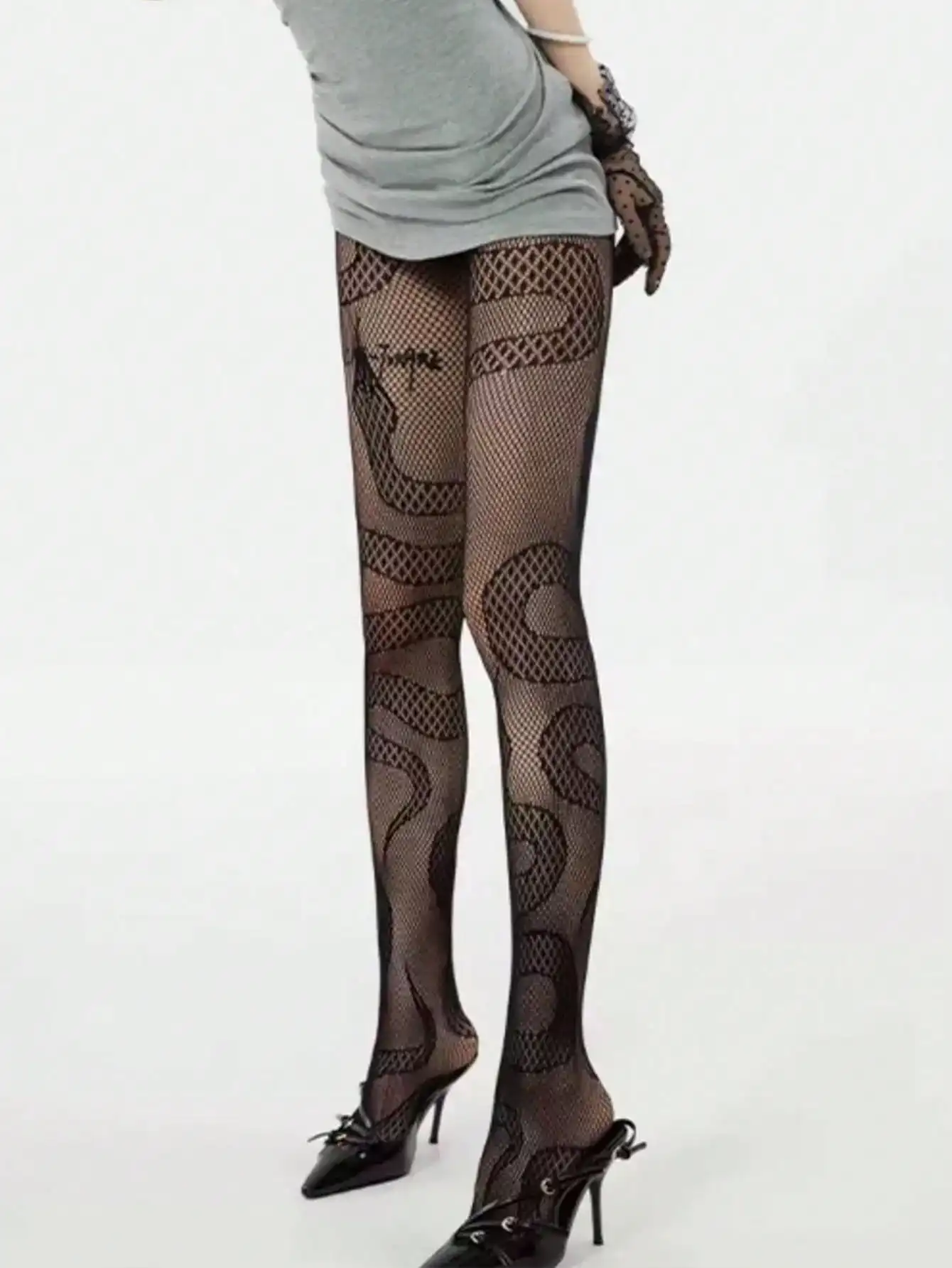 

Women's Sexy Snake Print Mesh Tights, Dark Minimalist Style for Party & Night Out