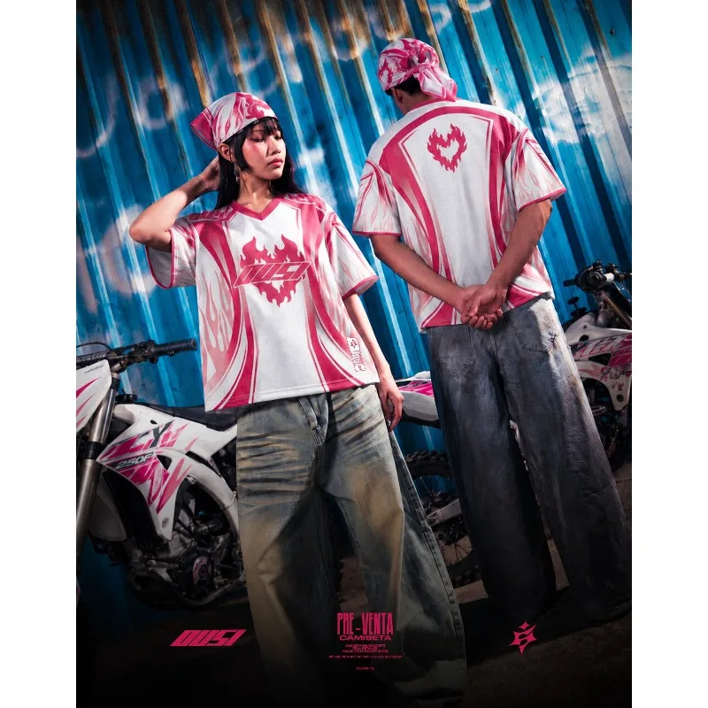 Men Women OUSI Omar Courtz Flame Heart V Neck Jersey Y2K Oversized Street Style Streetwear Short Sleeve Casual Tops