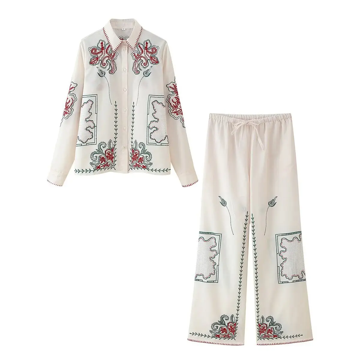 

ZBZA Woman Loose Embroidery Suit Vintage Lapel Long Sleeve Single Breasted Shirt Lace-up High Waist Straight Wide-leg Pants Set