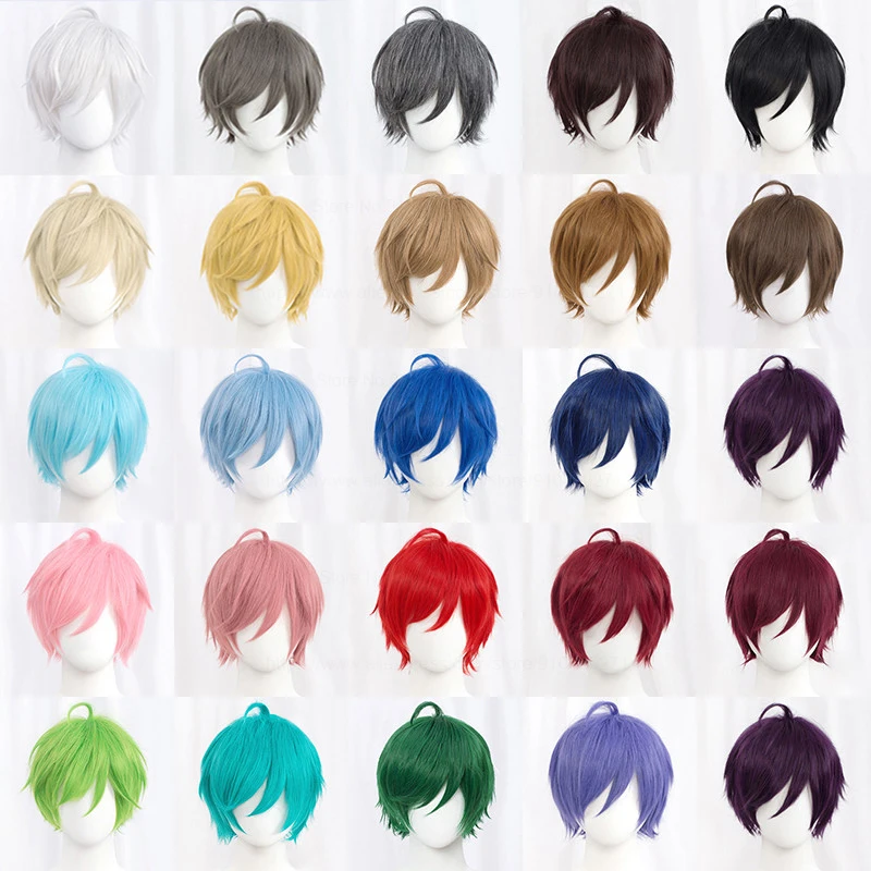 Synthetische kurze gerade Cosplay-Perücke, weiß, grün, lila, braun, schwarz, blau, grau, orange, rot, flauschiges, hitzebeständiges Haar, Anime-Perücken