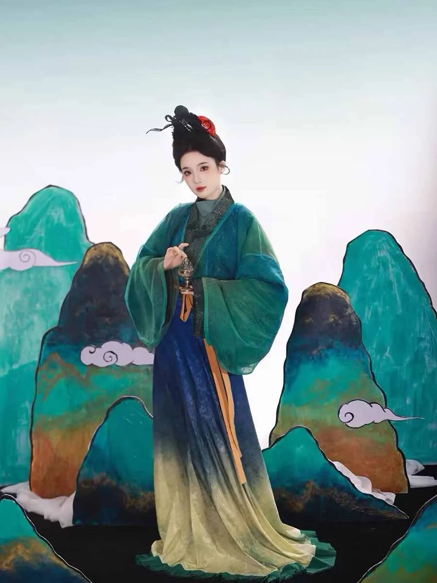 Traditional Chinese Hanfu Dress Women Gradient Green Tang Dynasty Lady Costume Stage Performance Costume Halloween Cos Costume