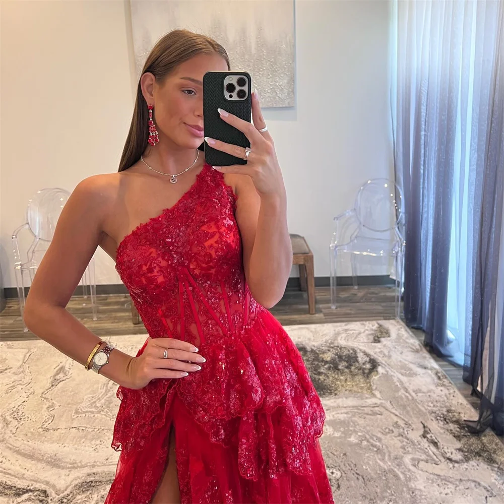 Amanda Wine Red Prom Dresses Lace Sequins Evening Dress Sleeveless One Shoulder Customized Side Split Party vestidos de fiesta