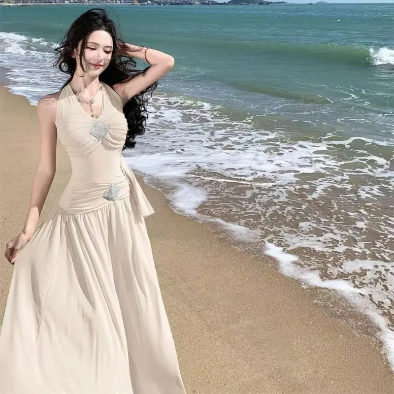 

Элегантное женское макси-платье с воротником-халтер, без рукавов, с драпировкой на талии, струящееся, длинное, для пляжных вечеринок