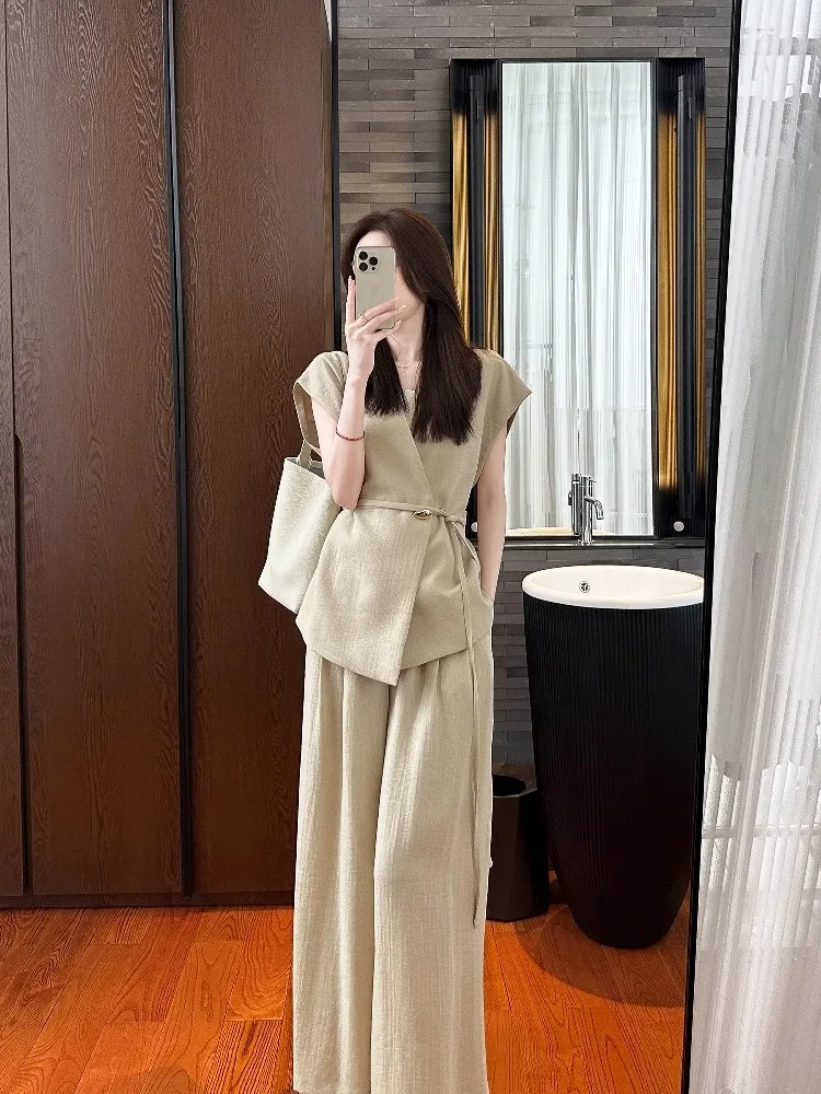 

Gothiscyn Commuting Lyocell Set Women's Summer Khaki Sleeveless Lace-up Vest High Waisted Wide Leg Pants Two-piece Set