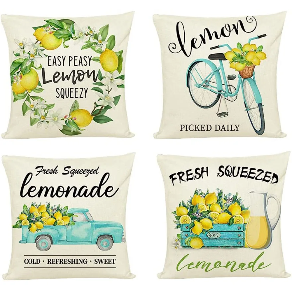 L65A-Summer Lemon Pillow Covers 18X18 Inches Set Of 4, For Sofa Decorative,Farmhouse Throw Pillow Covers For Home Decor