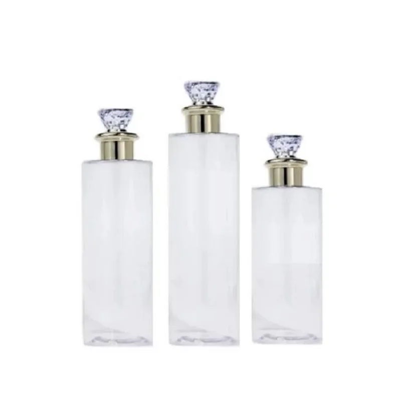 

20pcs Transparent Plastic Refill Bottle Gold Diamond Lid 100ml 120ml 150ml 200ml 250ml Empty Cosmetic Toner Bottles With Plug