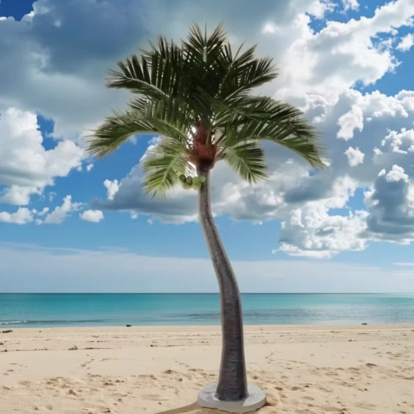 #￥Factory Wholesale Large Artificial Curved Coconut Tree UV Protected Fiberglass High Simulation Eco-Friendly Landscape Wedding
