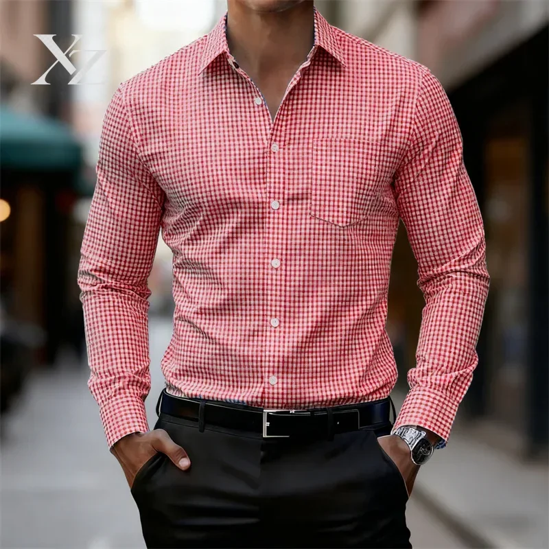 Men's Slim Fit Long-Sleeve Business Casual Shirt, Blue and White Fine Check, 2025, 11 Colors