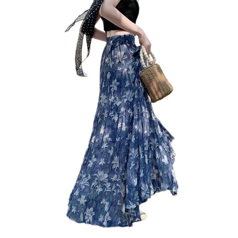 

Elegant Floral Print A- Line Midi Skirt Women's Summer New Fashion Versatile Youthful Long Polyester Fiber Gown