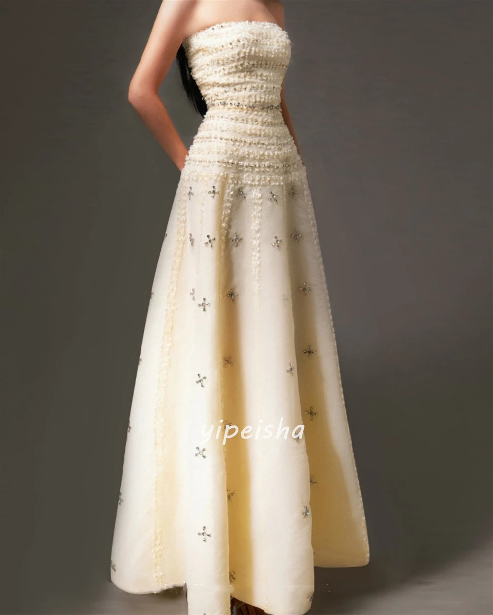 Customized High Quality Fashion Rhinestone Ruched A-line Evening Dress Modern Style Strapless Sleeveless Special Occasion Dress image 3
