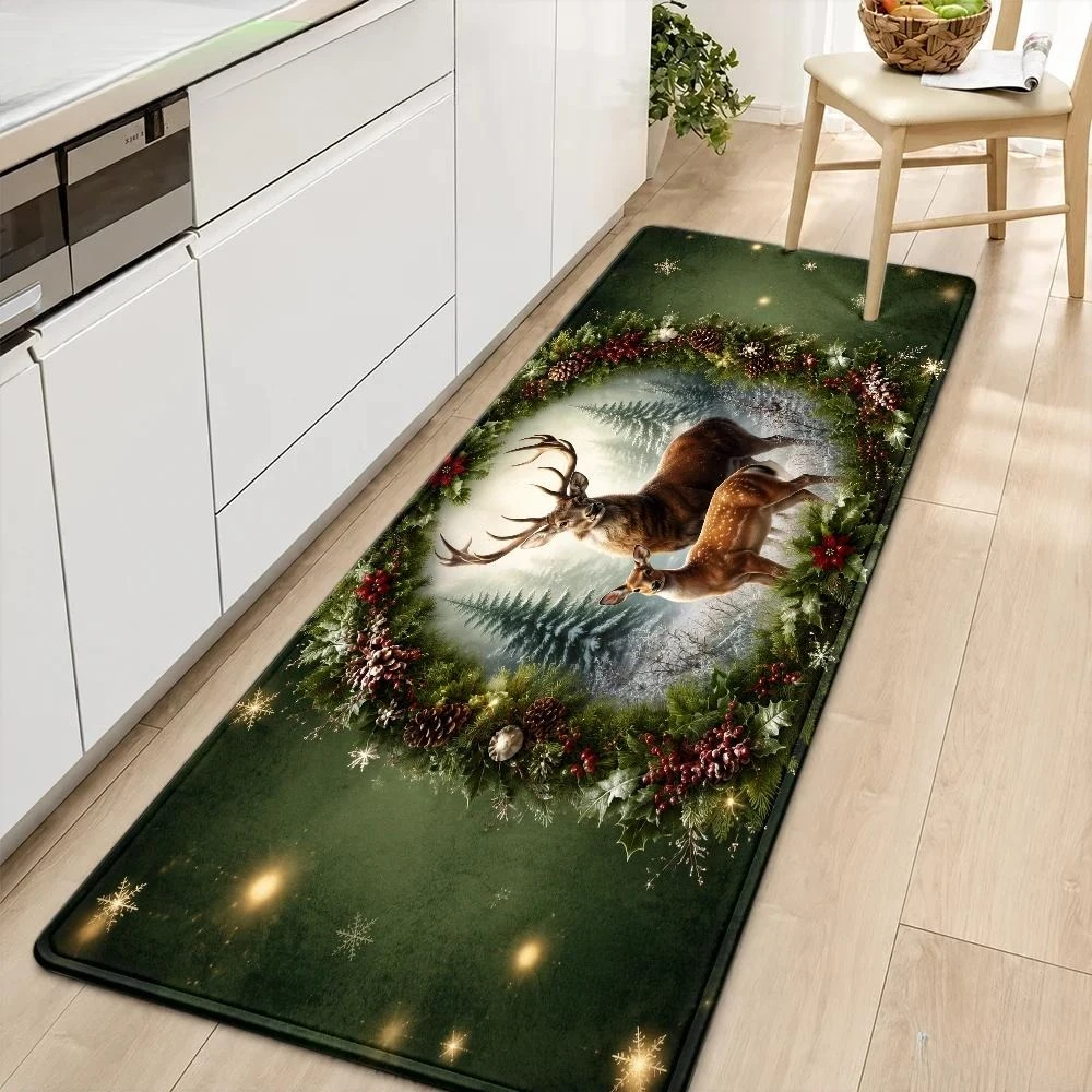 Dark Green Background Christmas Wreath Stag Deer Pine Cone Red Berry Snowflake Glowing Light Forest Print Long Runner Rug