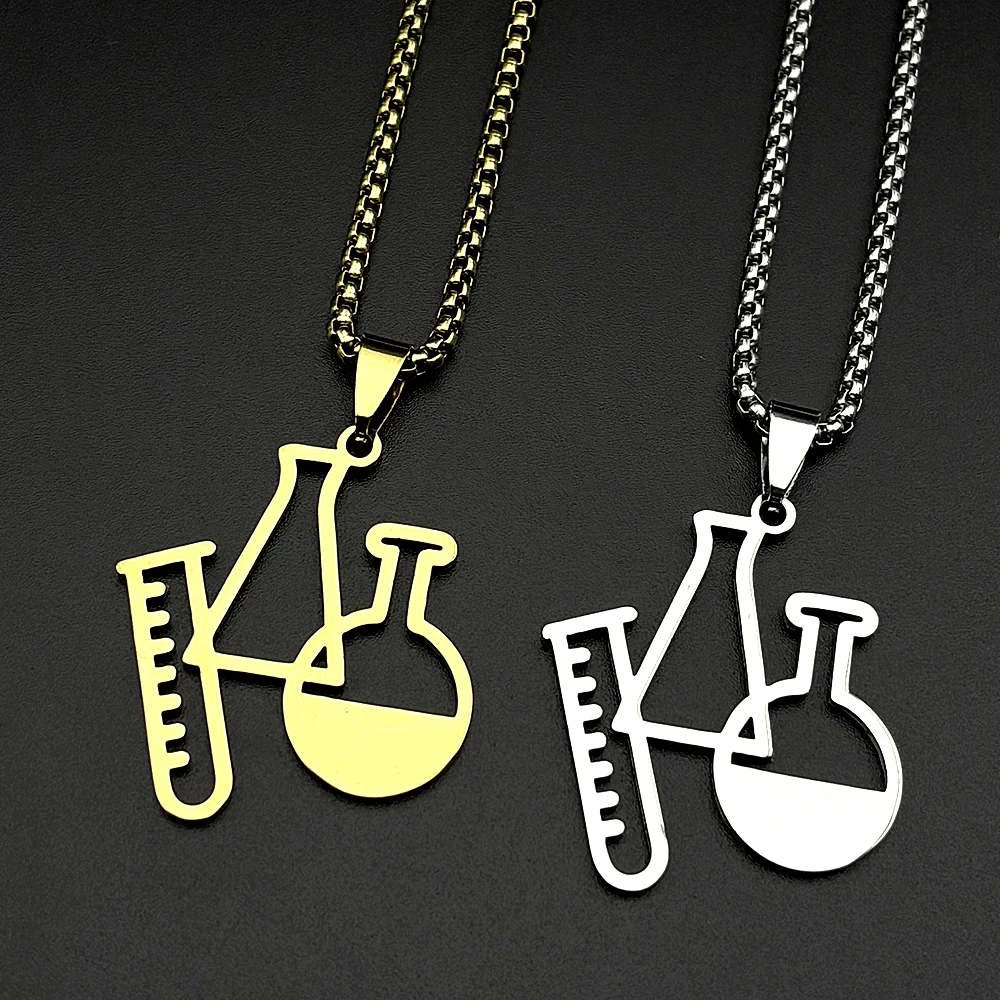 Chemical Lab Ware Necklace For Men Women Stainless Steel Gold Color Minimalist Scientific Test Tube Flask Chain Jewelry Gifts