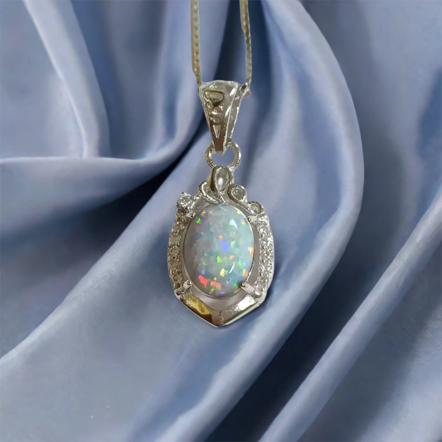 

Sterling Silver Wave Pendant for Jewelry Making White Fire Opal Pendant Oval Cut