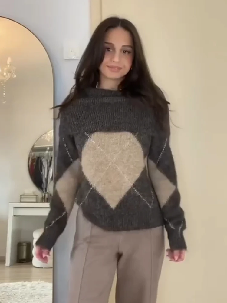 HH الخريف المرأة أزياء طويلة الأكمام عارضة فضفاض مرونة البلوز أعلى الإناث شيك البلوز الماس نمط محبوك سترة