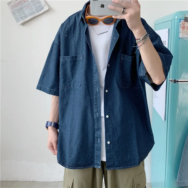 5 Points Short Sve Denim Men's Shirt Korean Loose Fit CleanFit Style Nine Sleeve PU Leather Citywalk Suitable Ladies