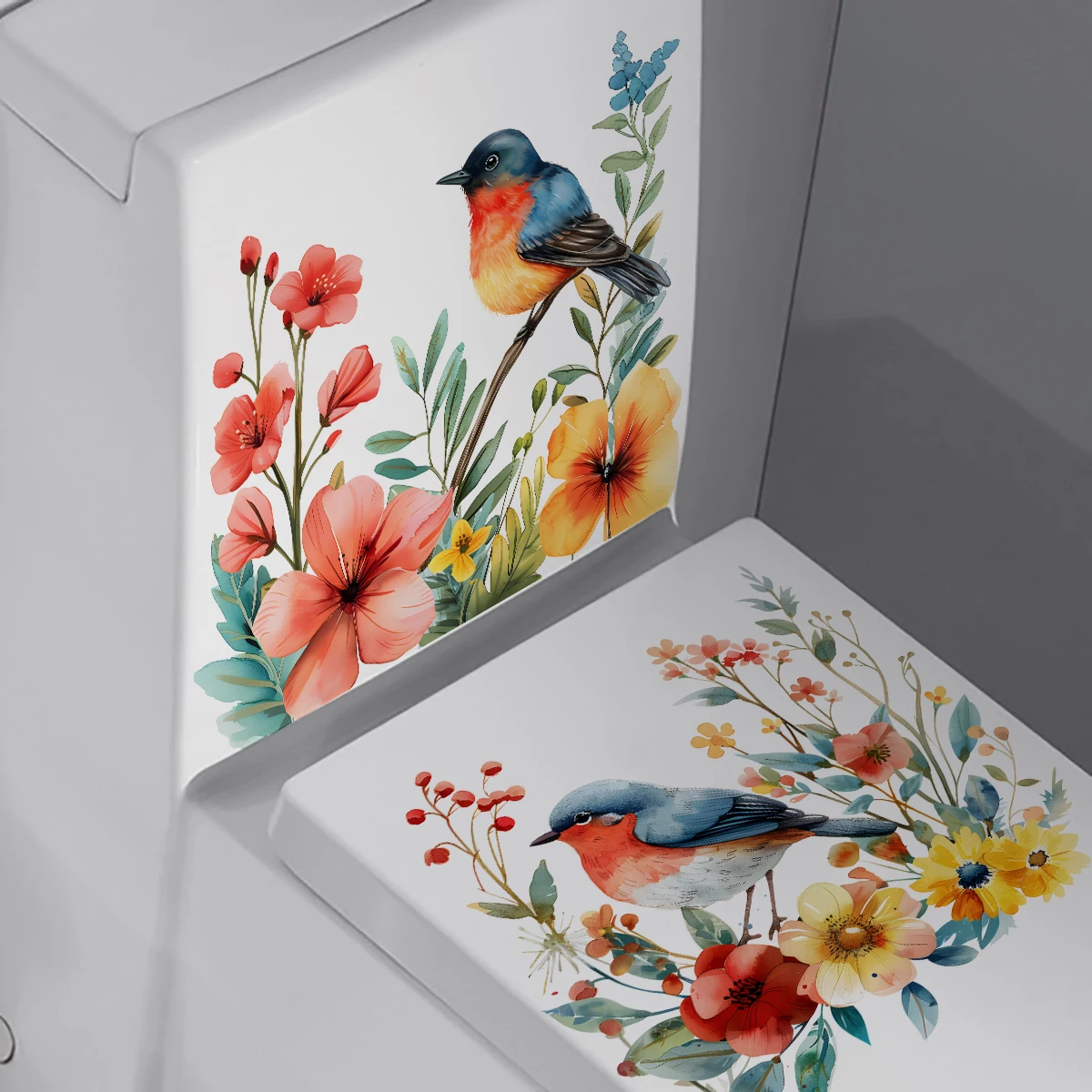 2PCS DIY bathroom sticker bird flower design for bathroom water tank decoration toilet sticker detachable waterproof