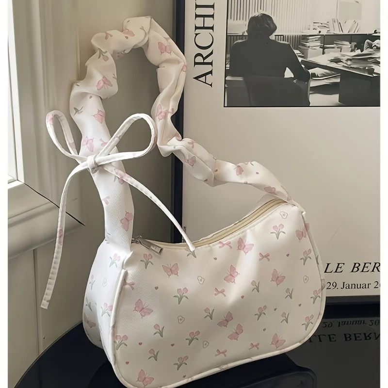 Cute and Stylish Strawberry Handbag, Cherry Women's Shoulder Bag, Small White Zippered Bag with Butterfly Pattern, Women's Mobile Phone Handbag