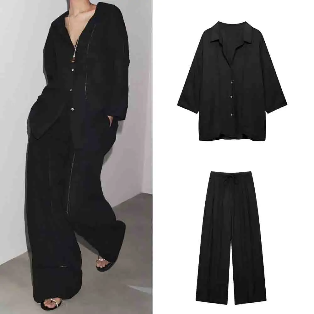 

Women's New Fashion hollow out design loose linen blend shirt long sleeved button down women's shirt chic top+Pants suit