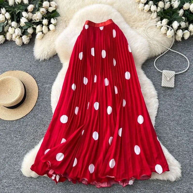 

Women Polka Dot Pleated Maxi Skirt High Waist Chiffon A-Line Summer Casual Beach Skirt