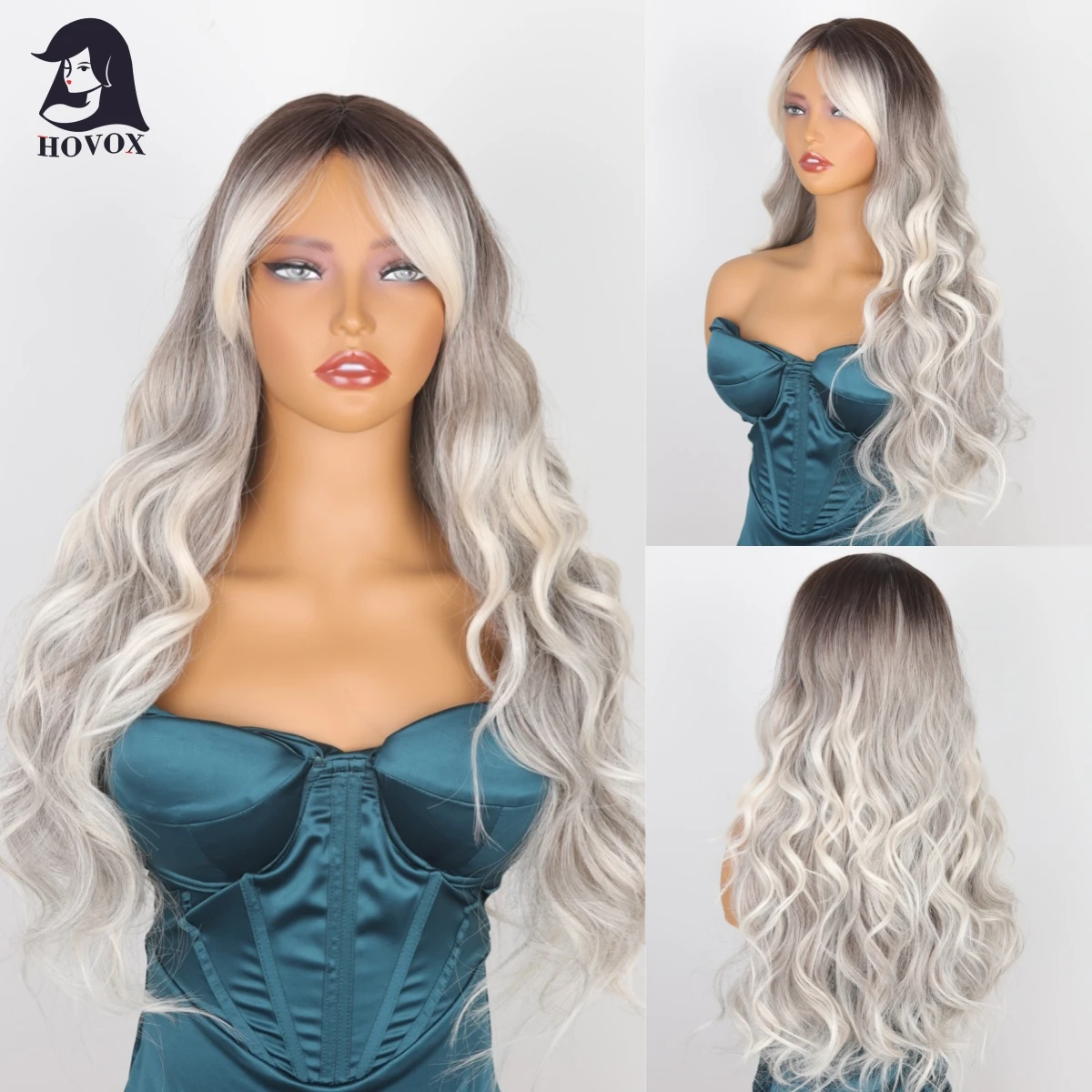 HOVOX Synthetic Wig Women Long Curly Hair Gray Oblique Bangs Suitable For Africa and America Daily Cosplay Heat-Resistant Wigs