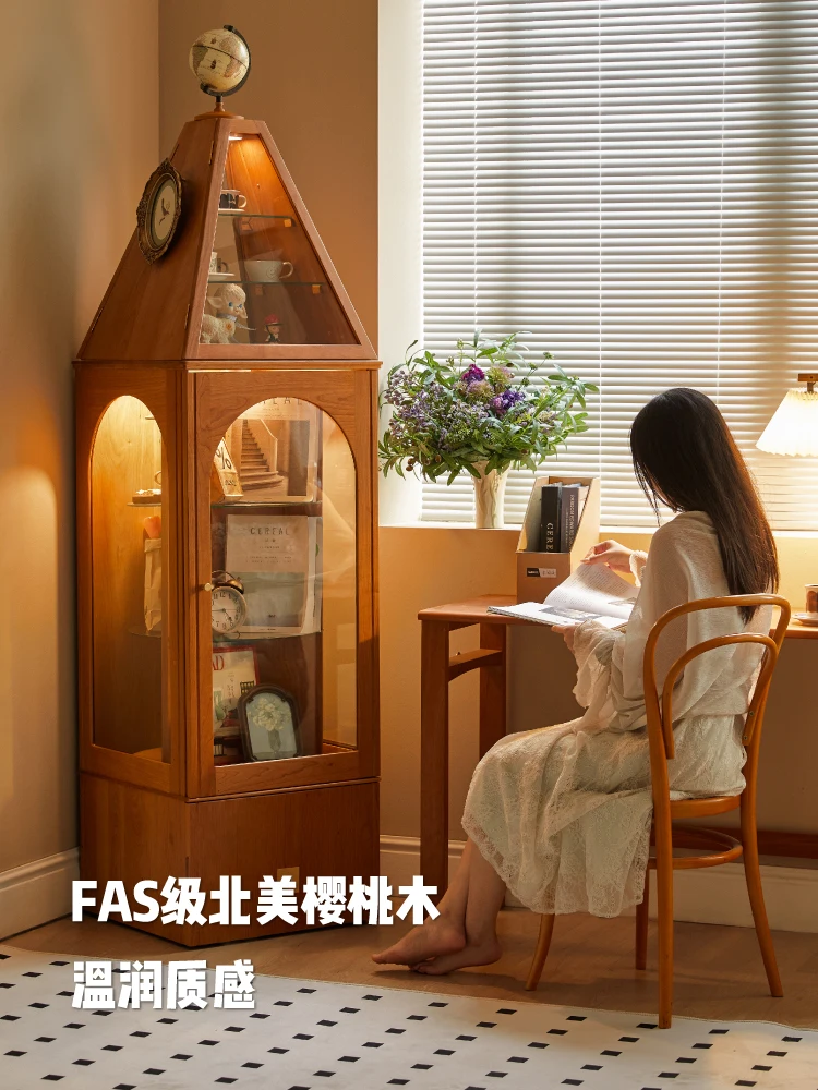 Retro Display Cabinet Cherry Wood Solid Wood Rotating Bookshelf Corner Cabinet