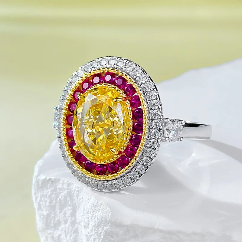 New S925 Sterling Silver Set with Imported High Carbon Diamond 7 * 9mm Yellow Diamond Saint Petersburg Fortune Ring