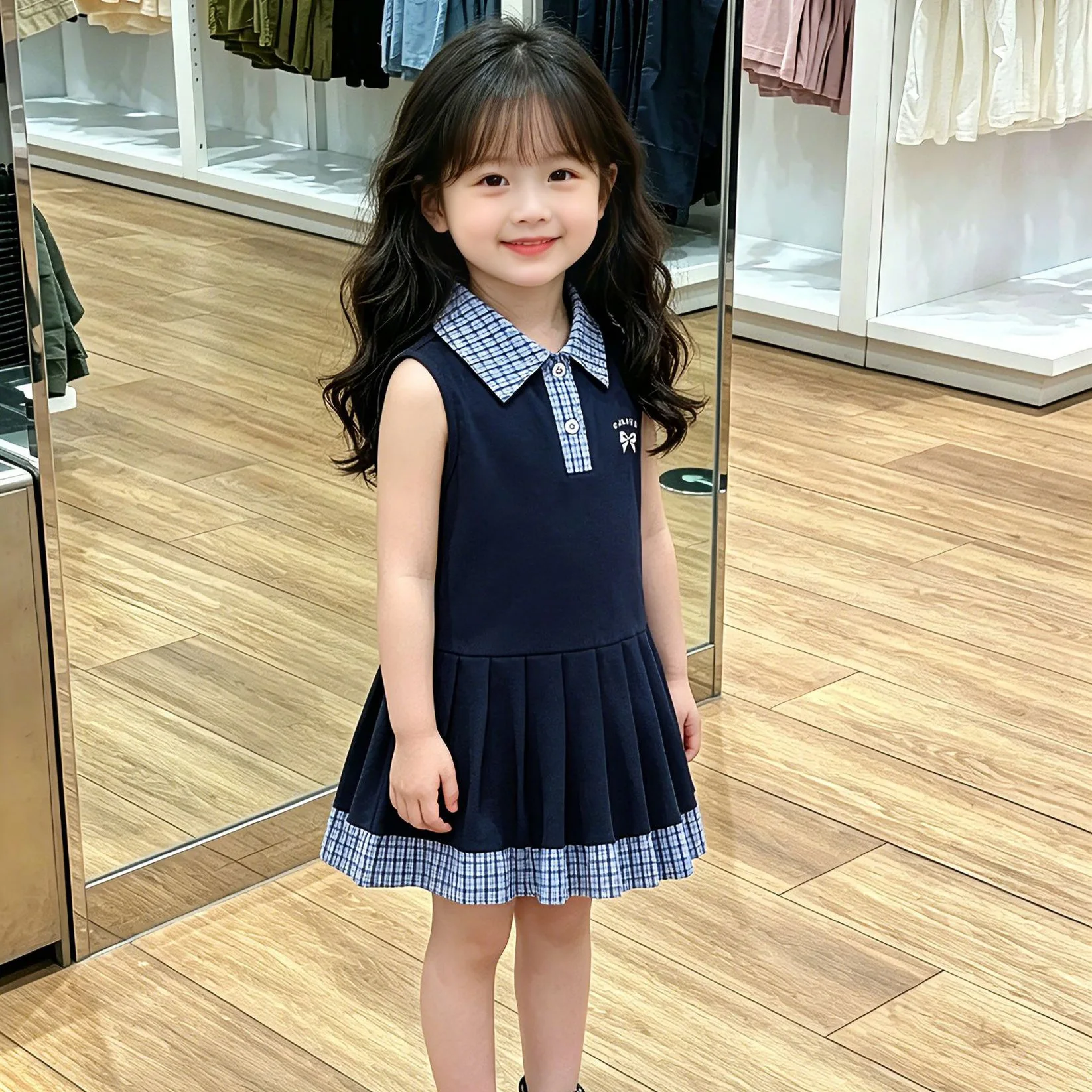 2026 Summer New Girls' Campus Style Dress Sweet Grid Splicing Tank Top Baby Korean Version Student Polo Dress