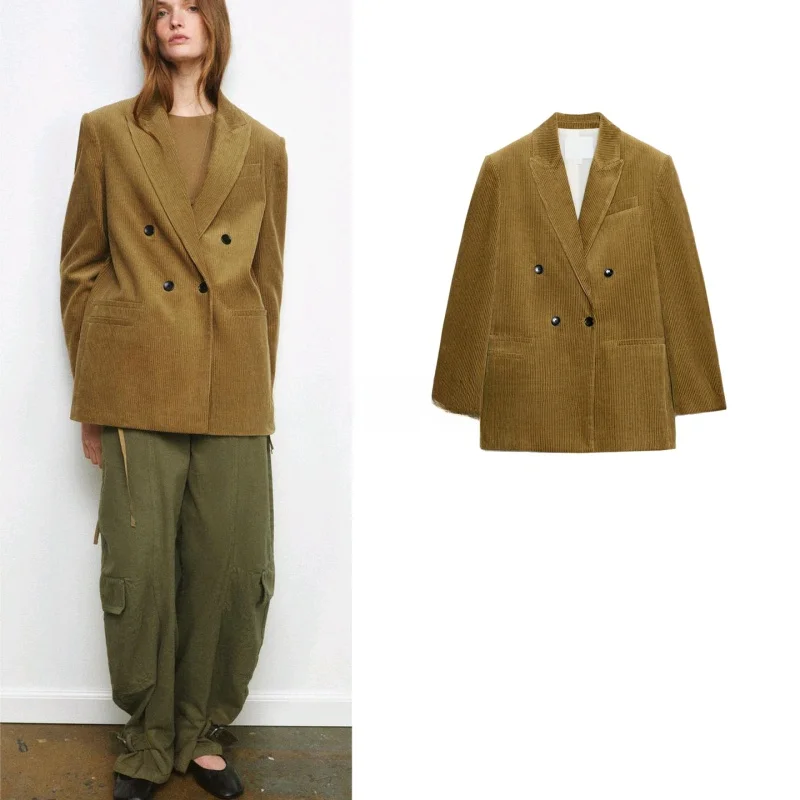 

Весенний новый женский свободный пиджак с длинными рукавами, отложным воротником и двойными пуговицами, из полиэстера, модный, для офиса и повседневной носки