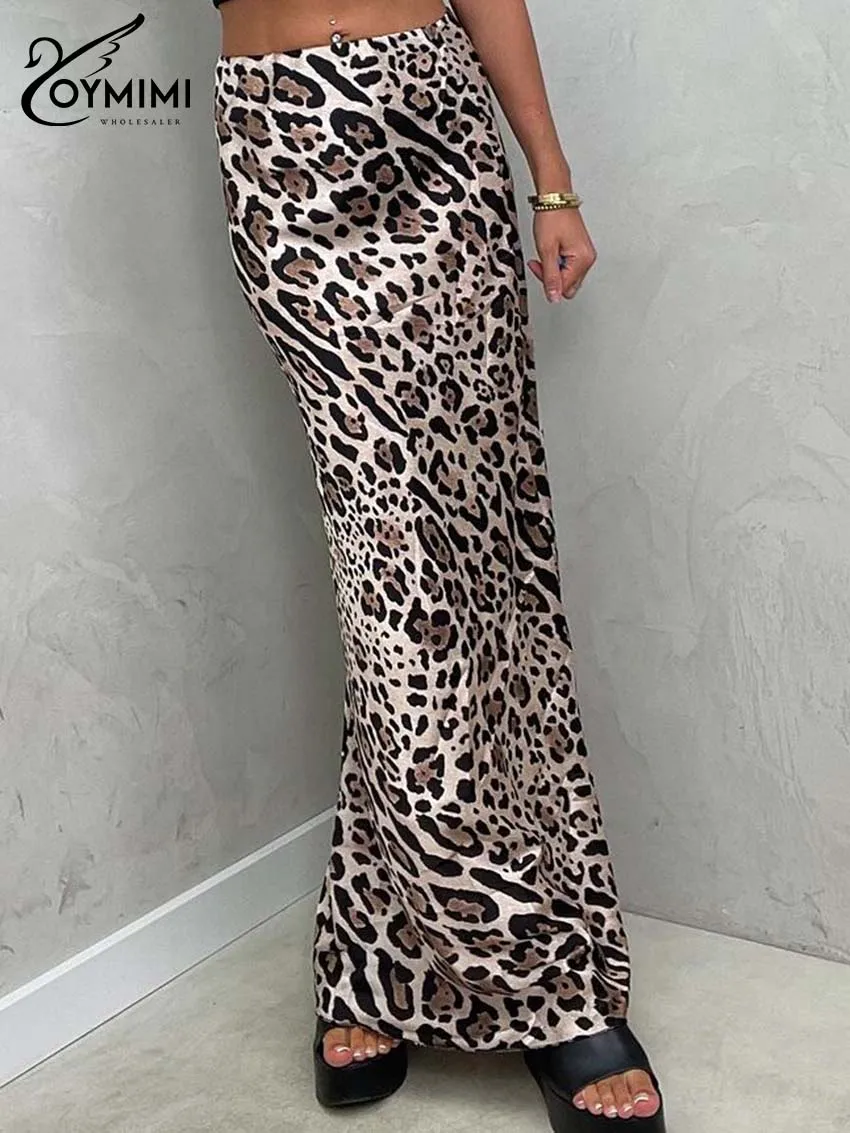 Oymimi Elegant Brown Leopard Print Skirts For Women 2025 Fashion Mid Waisted Slim Straight Skirts Casual New Floor-Length Skirts
