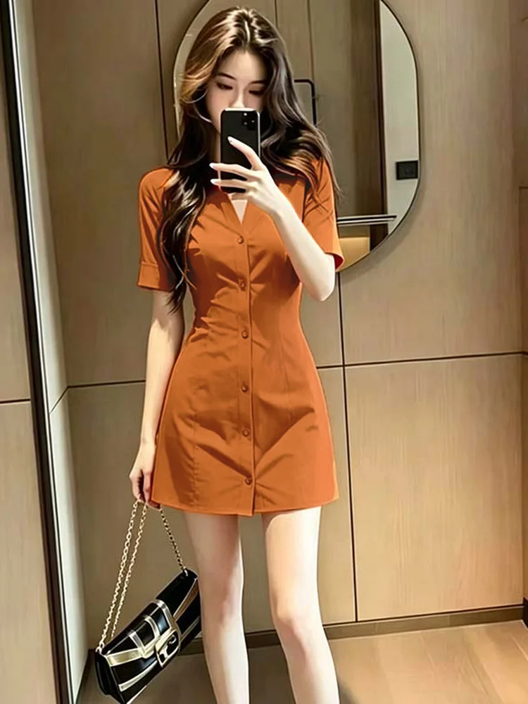 Summer New Arrival Two-Piece Set Slimming Design Waist-Cinching Dress Elegant Maturity Short Sleeve  Collar Button-Up