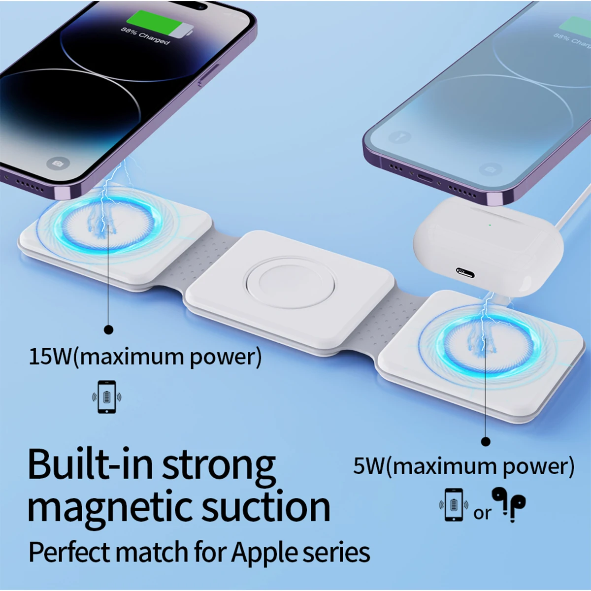 3 in 1 Foldable Fast Wireless Charger for iPhone 15/Pro/Max/Plus/14/13 Series, AirPods 3/2 Pro, Apple Watch/iWatch Trip Charger