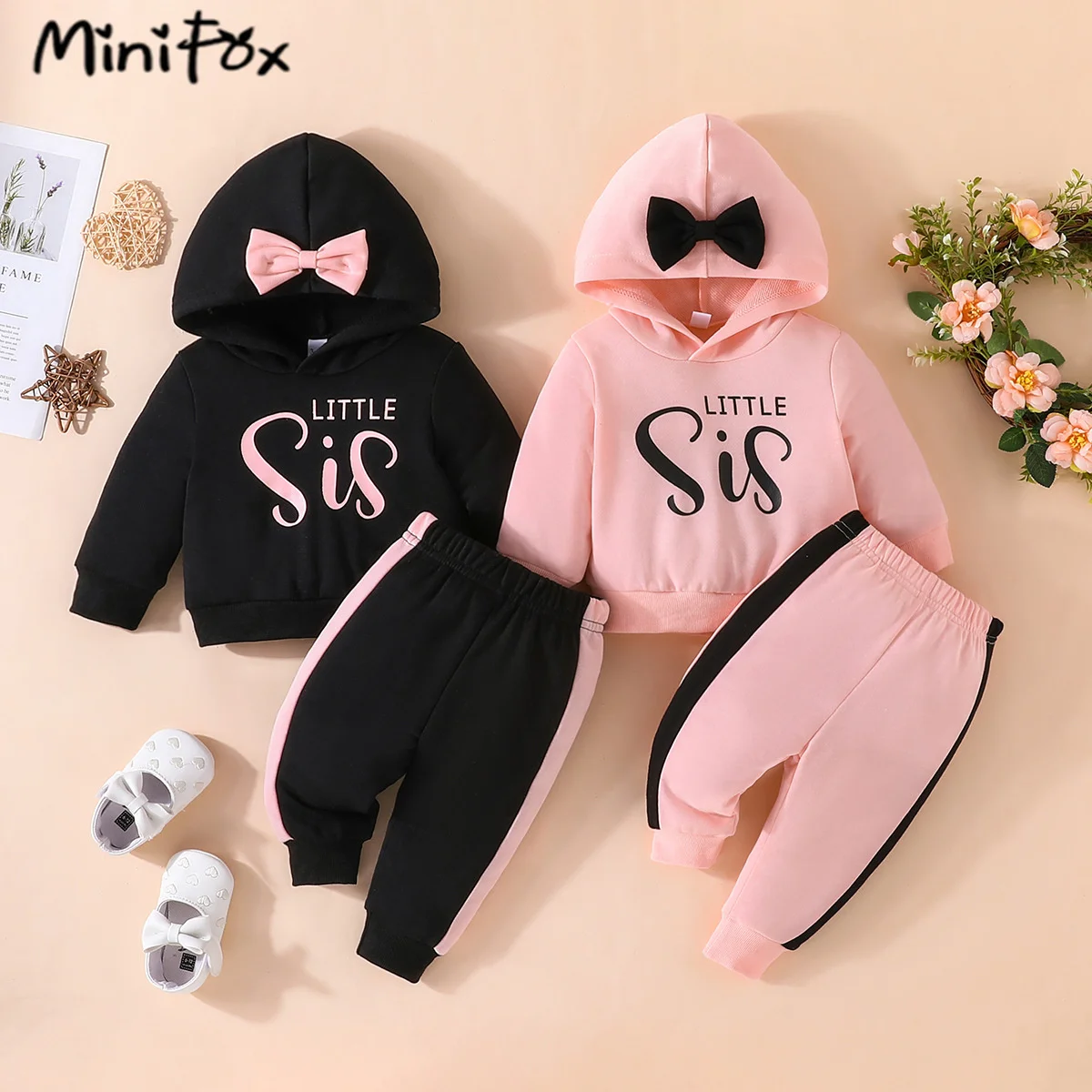 MiniFox Little Sister Baby Girl Clothes Sets Bowknot Hoodies Pullover Top and Pants Spring Fall Kids Girls Outfits Sets