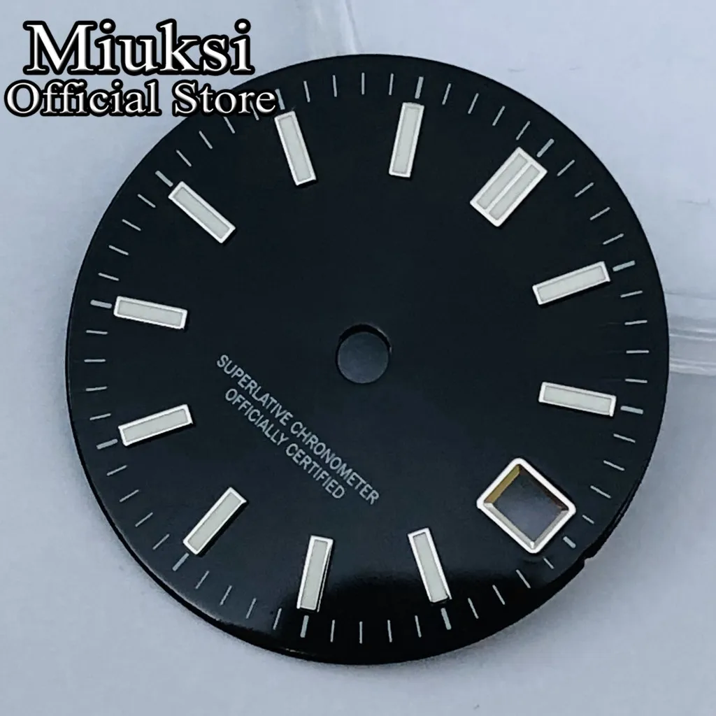 Miuksi 29mm black gold red blue watch dial green luminous dial fit NH35 movement fit 3 o\'clock crown 3.8 o\'clock crown