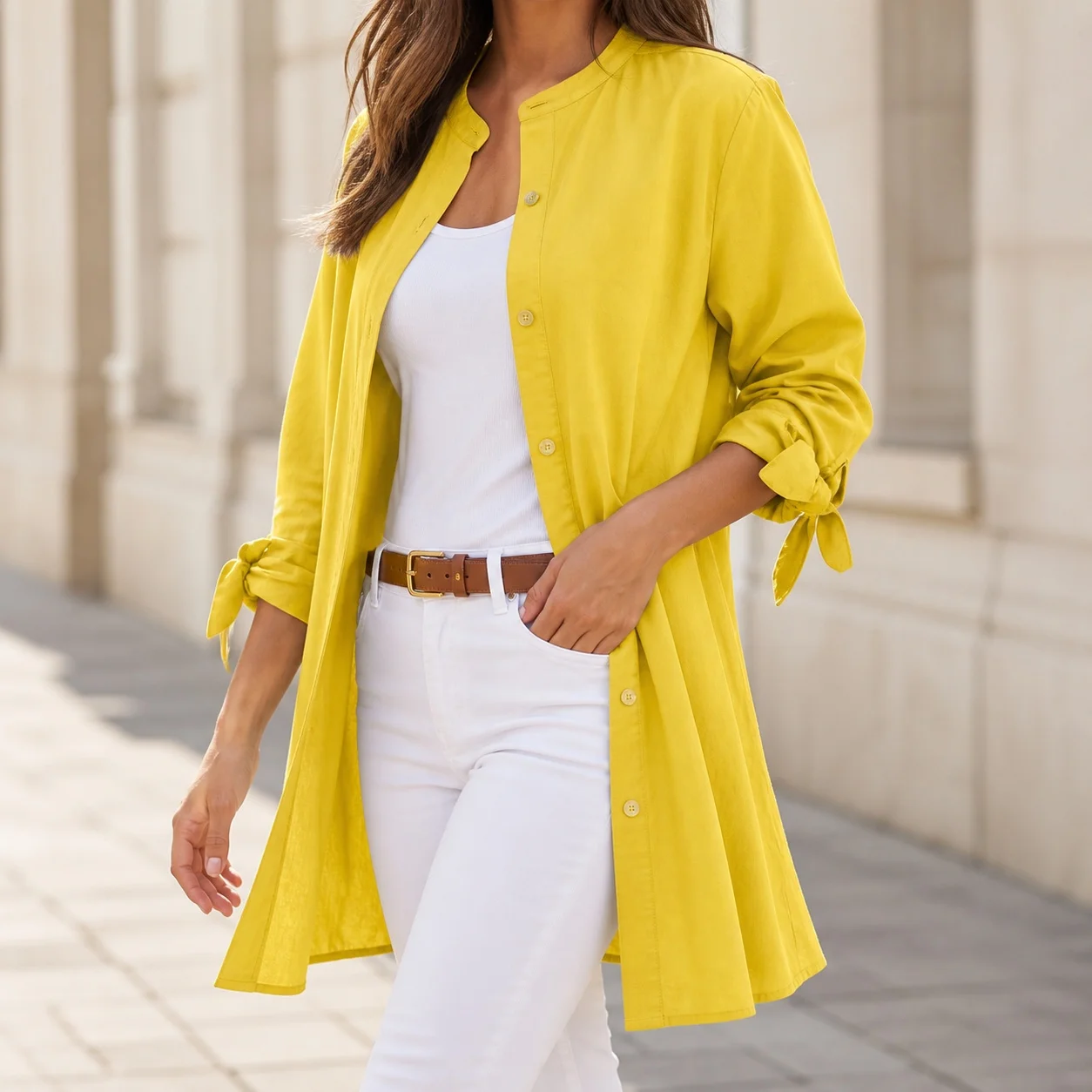 Women's And Women Tops For Women Minimalist Solid Color Blouse Round Neck Ruffle Long Sleeve Irregular Fit Tie Detail Crinkled