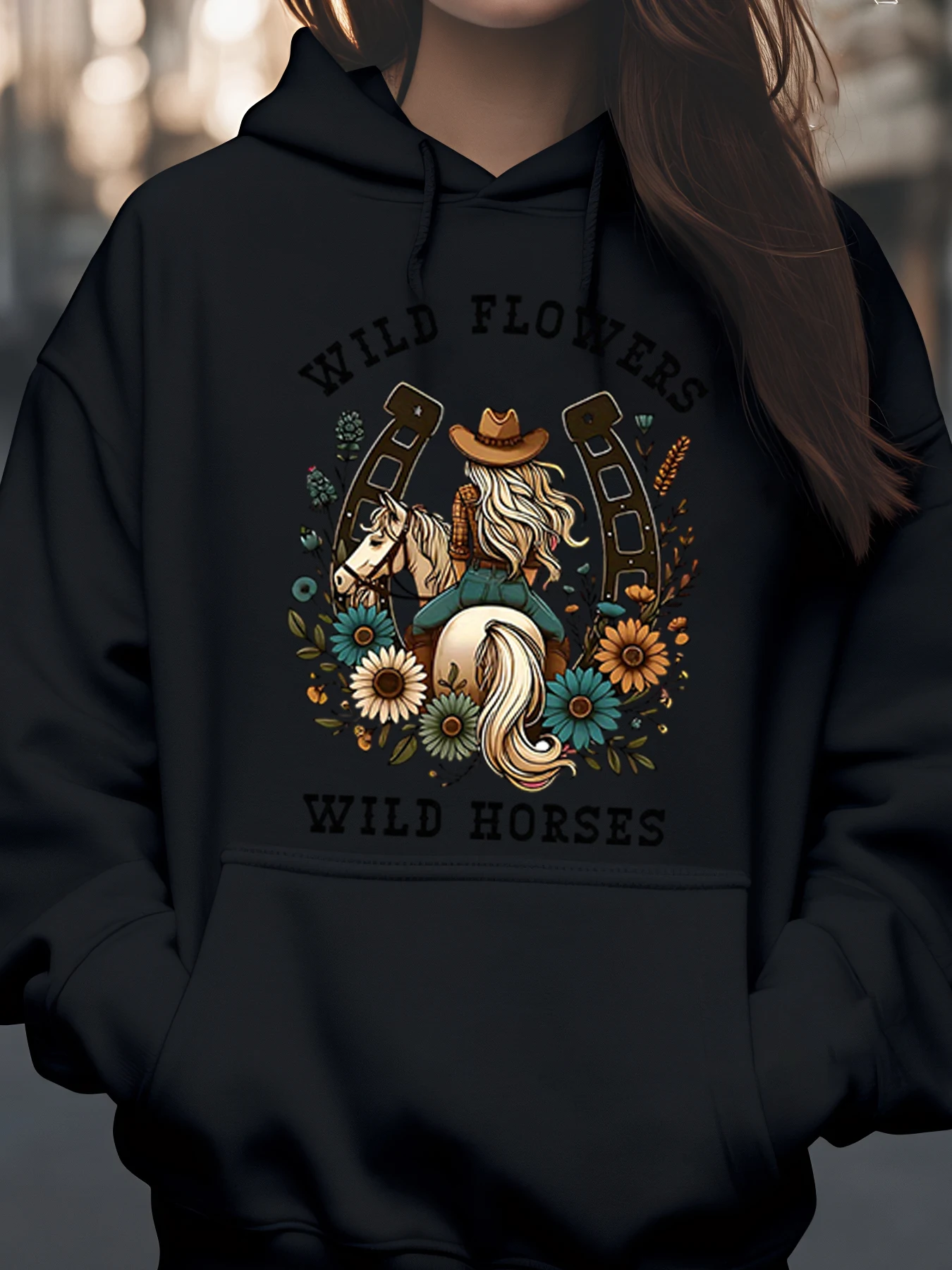 

Толстовка с принтом «Дикие цветы, дикие лошади», весна-лето, повседневная одежда, женская мода