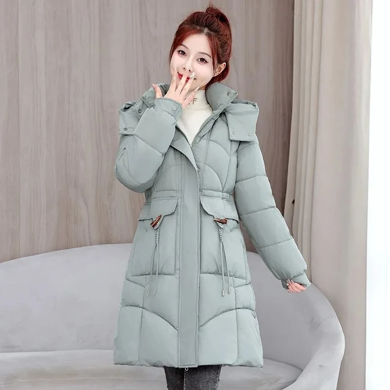 

Black Winter Hooded Coat 2025 New Fashion Women's Slim Cotton Padded Jacket Female Warm Thicken Coat Long Snow Parka Overcoat