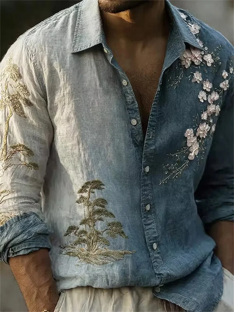 

New Chinese style pine plum gradient denim shirt, artistic retro men's 3D printed long sleeved shirt clothing