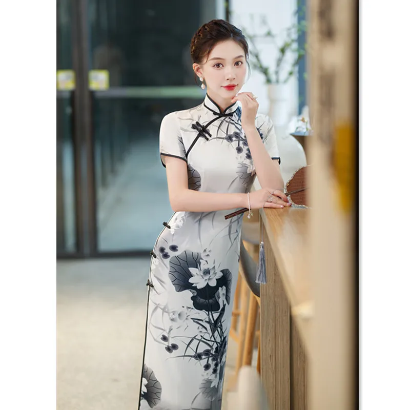 Retro National Style Long Show Cheongsam Qi Pao Dress Summer New Improved Ladies' Banquet