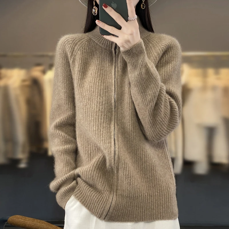 100% Pure Wool Zipper Cardigan Padded Shoulder Stand Collar Women\'s Cashmere Knitted Coat New Lapel Sweater