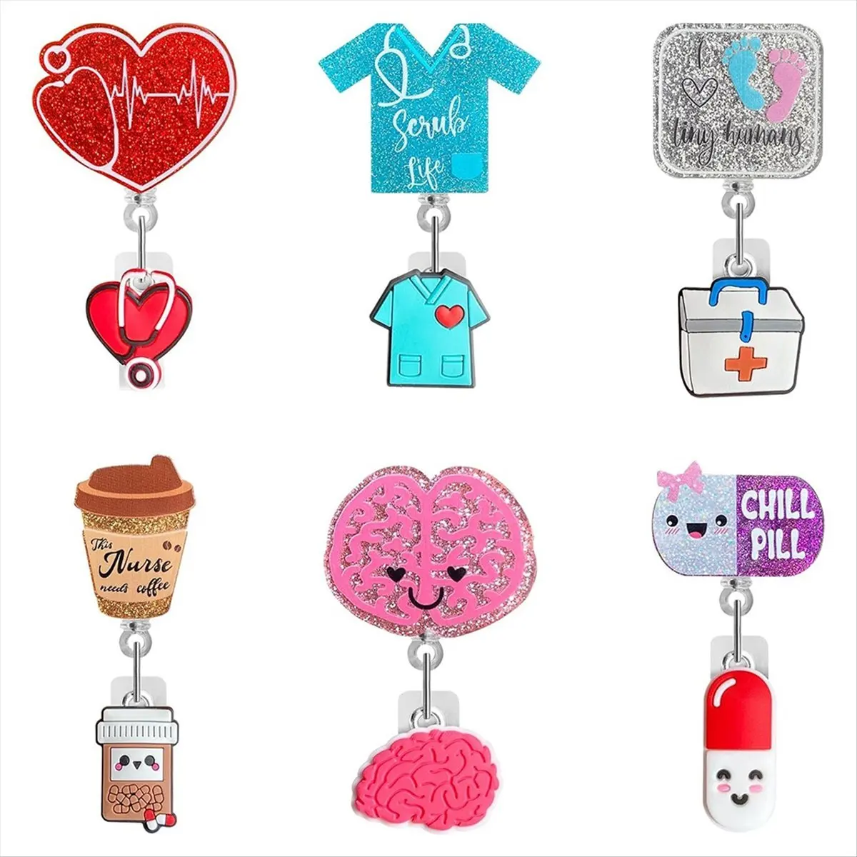 AA83 Cute Nurse Badge Reel, 6pcs Funny Nursing ID Card Glitter Badge Holder Retractable Clip Nurse Name Tag Holder