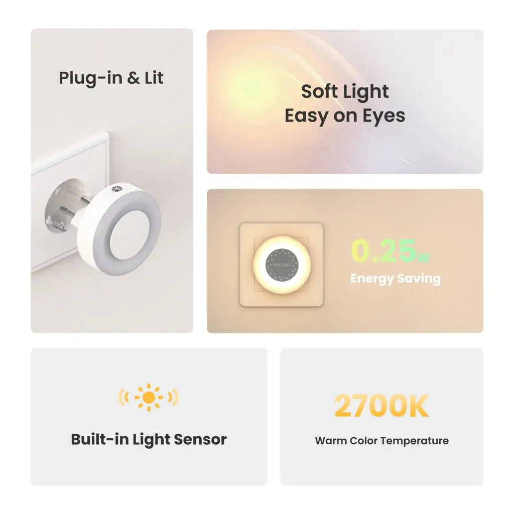 Yeelight Plug-in Light Sensor NightLight Mini Sensor Night Light Warm White 2700K Ultra Energy Efficient 0.25W 110-240V EU Plug
