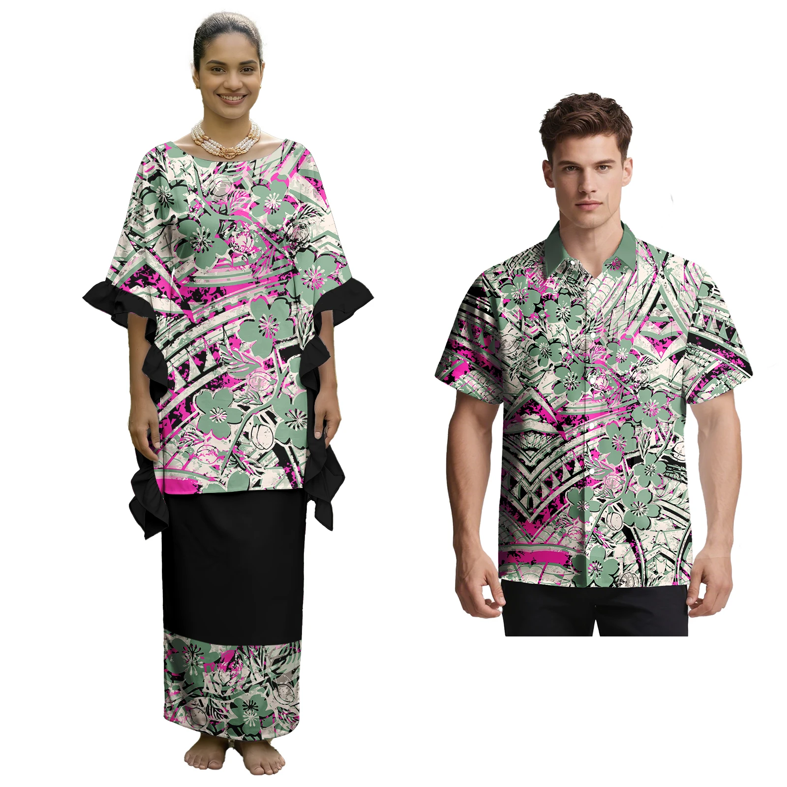 Popular Cozy Hawaii Print Men Beach Shirts Polynesian Tribal Design Plus Size Couple of Set Crewneck Samoan Puletasi for Ladies