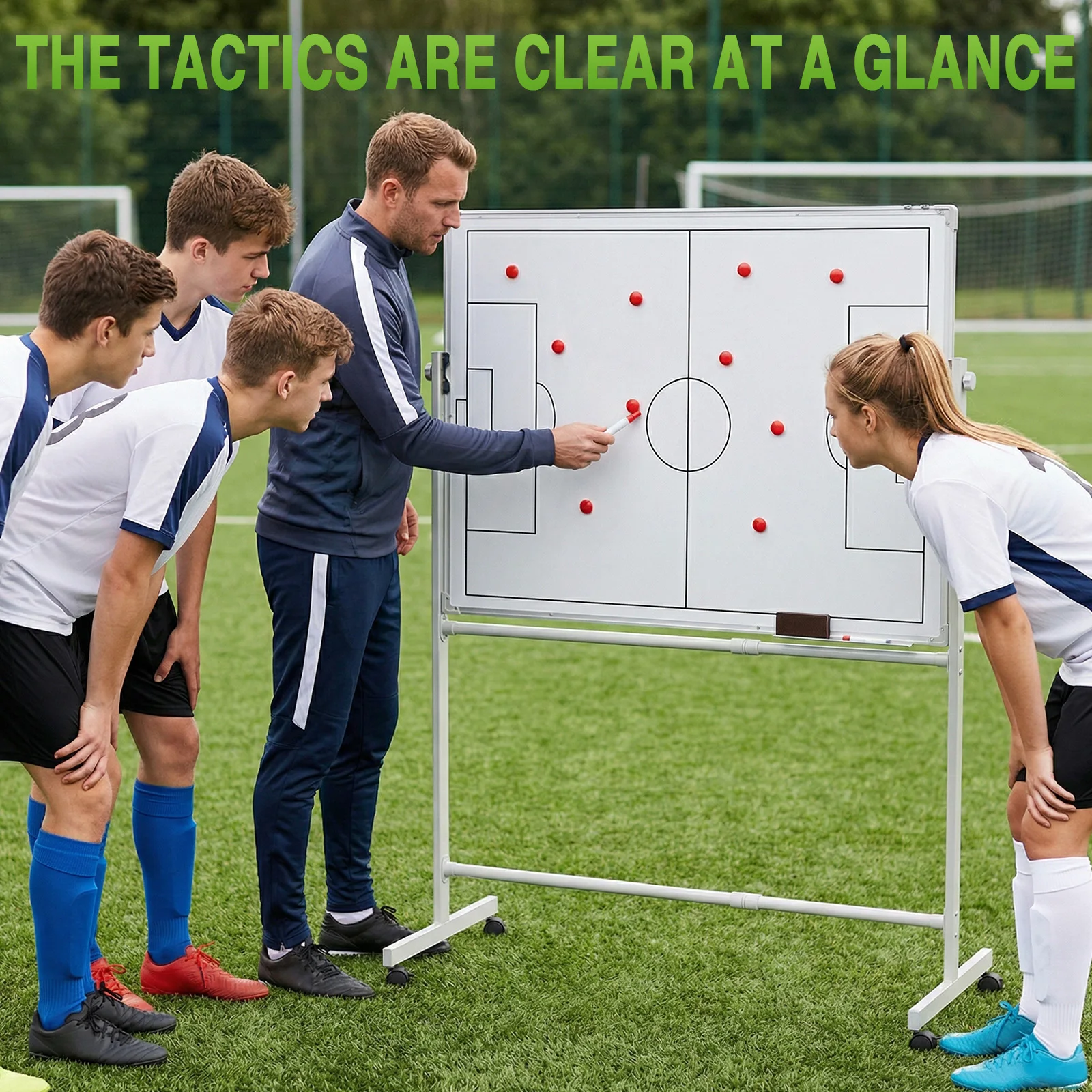 

Double-Sided Dry Erase Board 360 Degree Reversible Soccer Tactics Board Height Adjustable with Magnets Pen & Eraser for Coaches