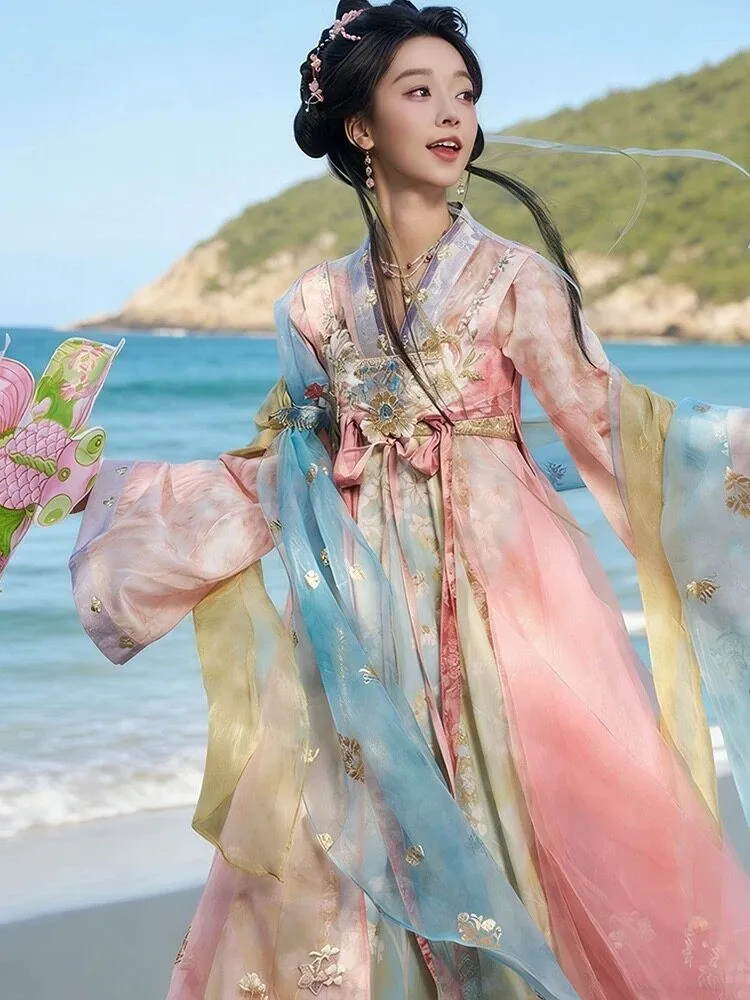 The new Hanfu women's pink cross-collar chest-length blouse and skirt is a flowing ancient costume suitable for daily wear