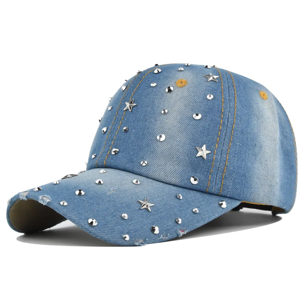 Denim Baseball Cap Women Washed Hat Vintage Rivet Star Sunshade Snapback Hats For Women Men Couple Summer Sun Hat Outdoor Casual