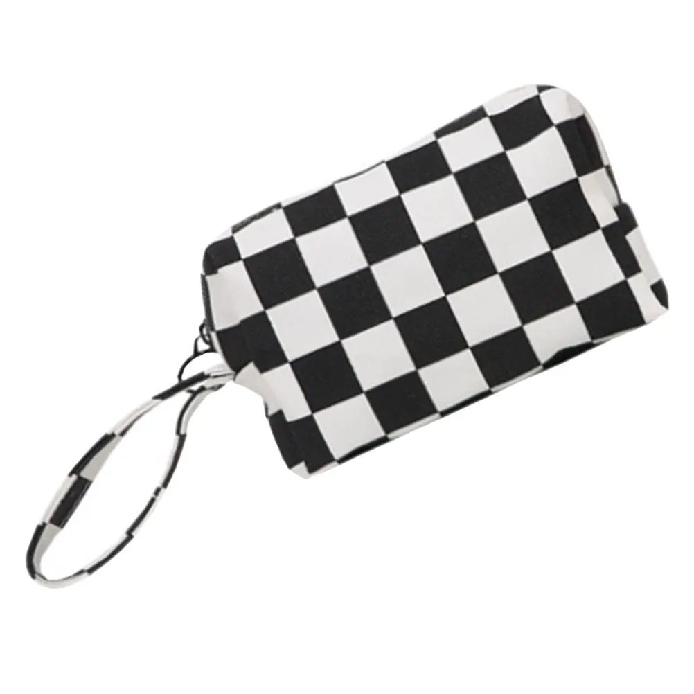 

Travel Bag Large Capacity Canvas Toiletry Bag For Women Portable Makeup ganizer Wrist Strap Black White Grid Design
