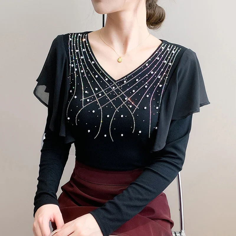 

New 2025 Summer V-Neck Butterfly Sleeve Women's T-Shirt Fashion Casual Clothes Hot Diamond Ruffles Mesh Tees M-3XL Tops