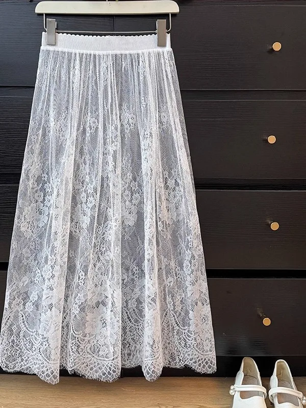 High Waist Midi Skirt Lace Trim Mesh Thin Fabric Qipao Style Slimming Half Skirt New Design under Skirt Hanfu Style A-Line Skirt
