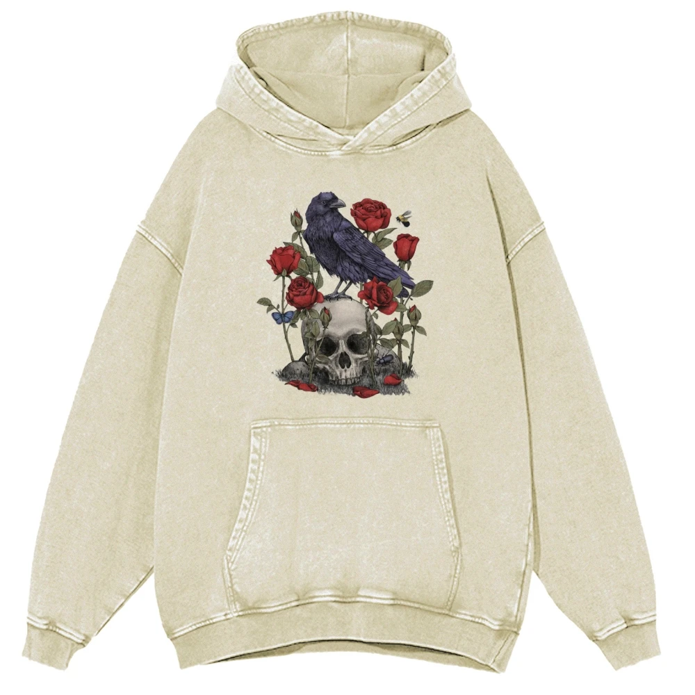 Romantic Rose Skull Print Hooded Sweater Pure Cotton High Quality Shoulder Drop Fashion New Trend New Hoodie Sweatshirt