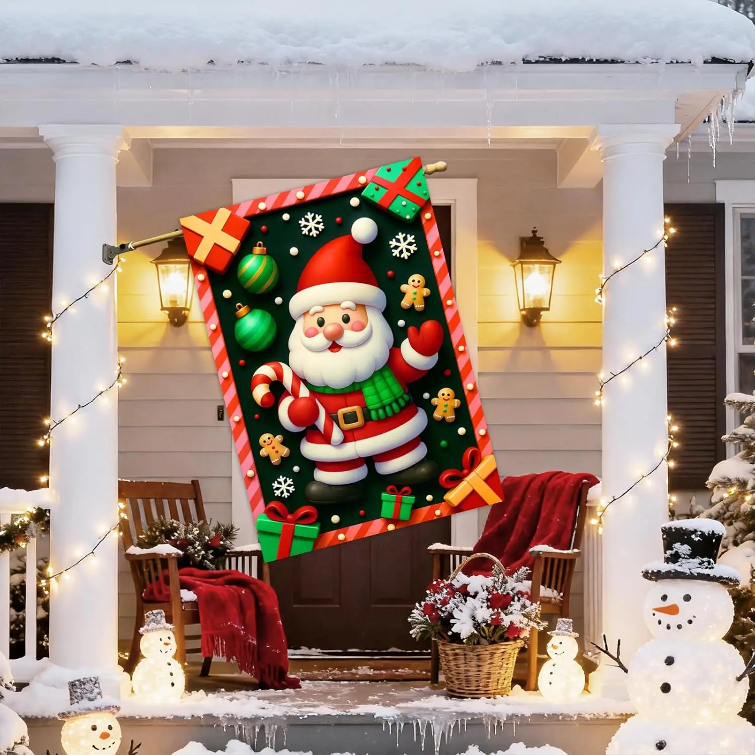 IVN Christmas Garden Flag 28x40 Inch Double Sided Santa Claus Holding Candy Cane with Christmas Gifts and Snowflakes Outdoor EEZ